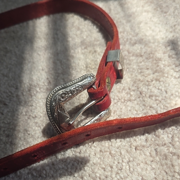 Vintage Accessories - Vintage Red Leather Skinny Western Belt with Engraved Silver Buckle Size:Small